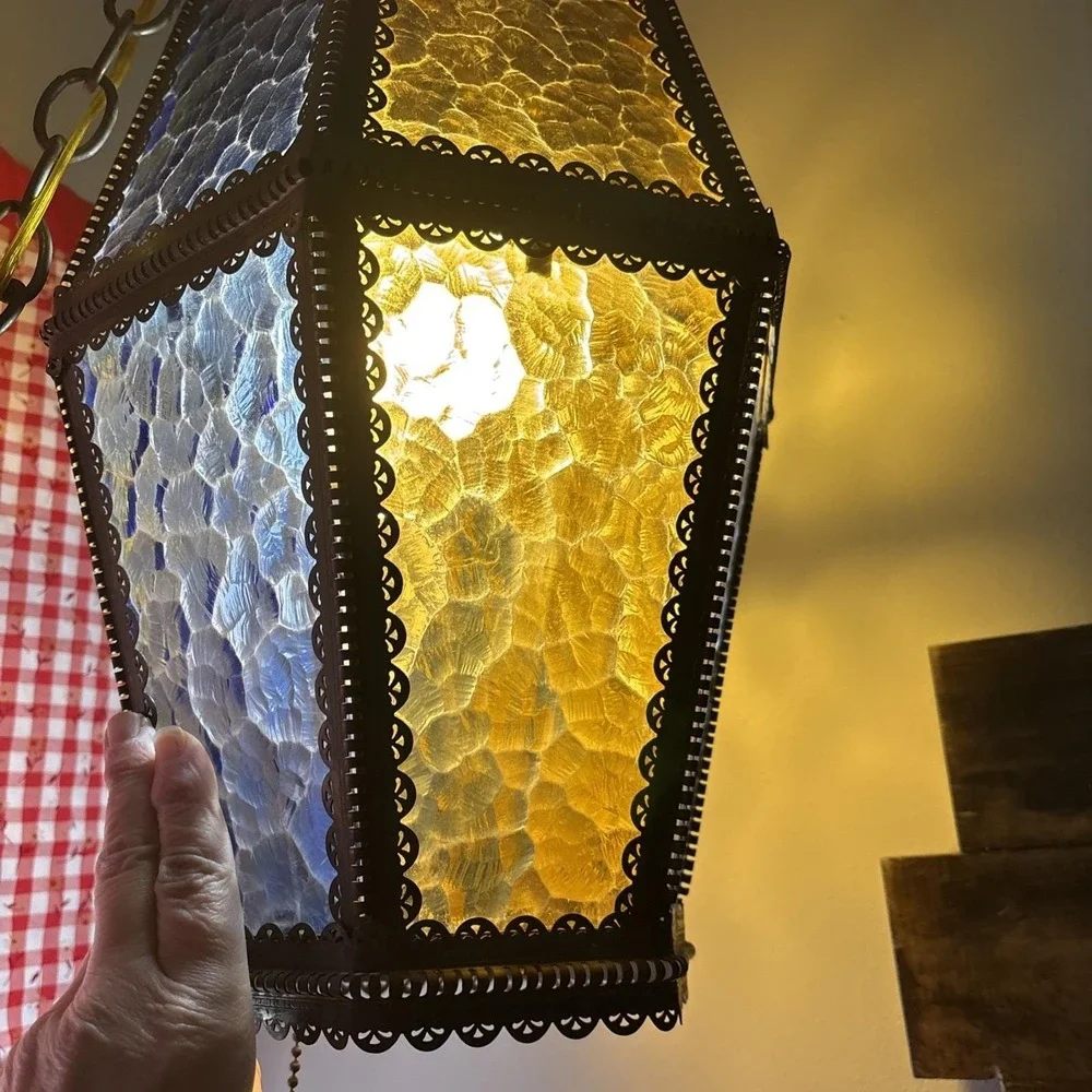 Vtg Mid Century 2 Color Blue Gold Brass Swag Lamp Pendant MCM Hollywood Regency